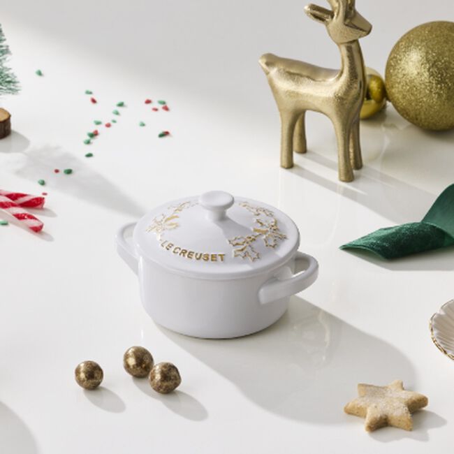 Le Creuset Stoneware Holly Mini Casserole with Gold Decal 10cm image number 1